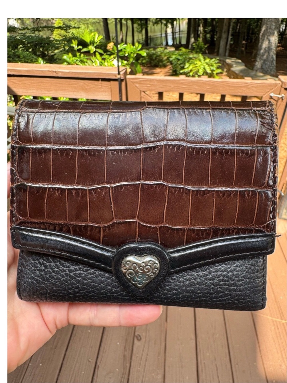 Brighton Women’s Croc-Embossed Brown and Black Leather Wallet with Heart Accent
